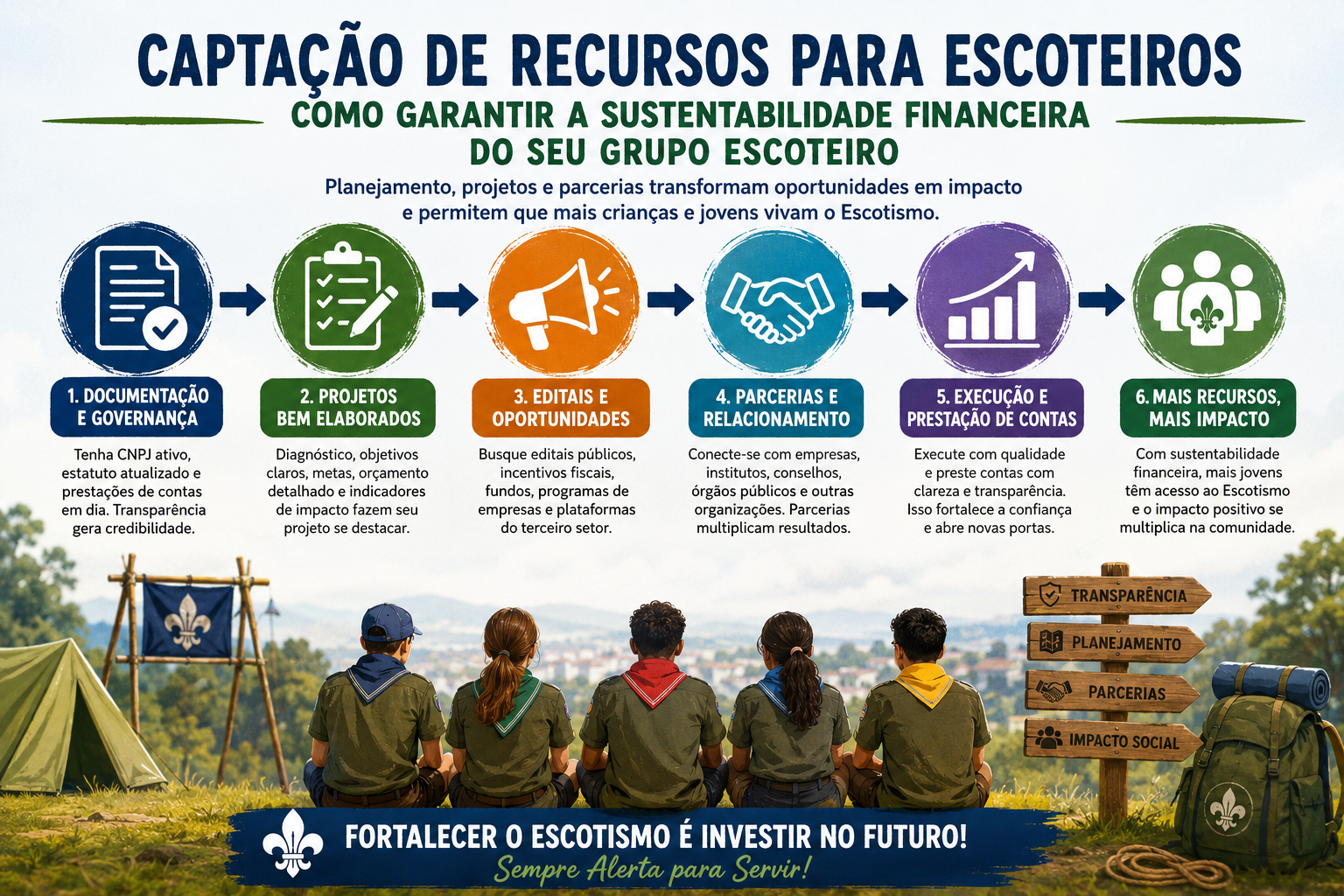 Infográfico mostrando as etapas da captação de recursos para grupos escoteiros: documentação e governança, elaboração de projetos, busca por editais, parcerias institucionais, execução com prestação de contas e geração de impacto social para fortalecer o Movimento Escoteiro.