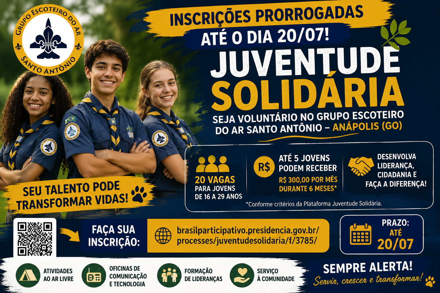 Arte de divulgação das inscrições prorrogadas do projeto Juventude Solidária do Grupo Escoteiro do Ar Santo Antônio para jovens voluntários de 16 a 29 anos em Anápolis (GO).