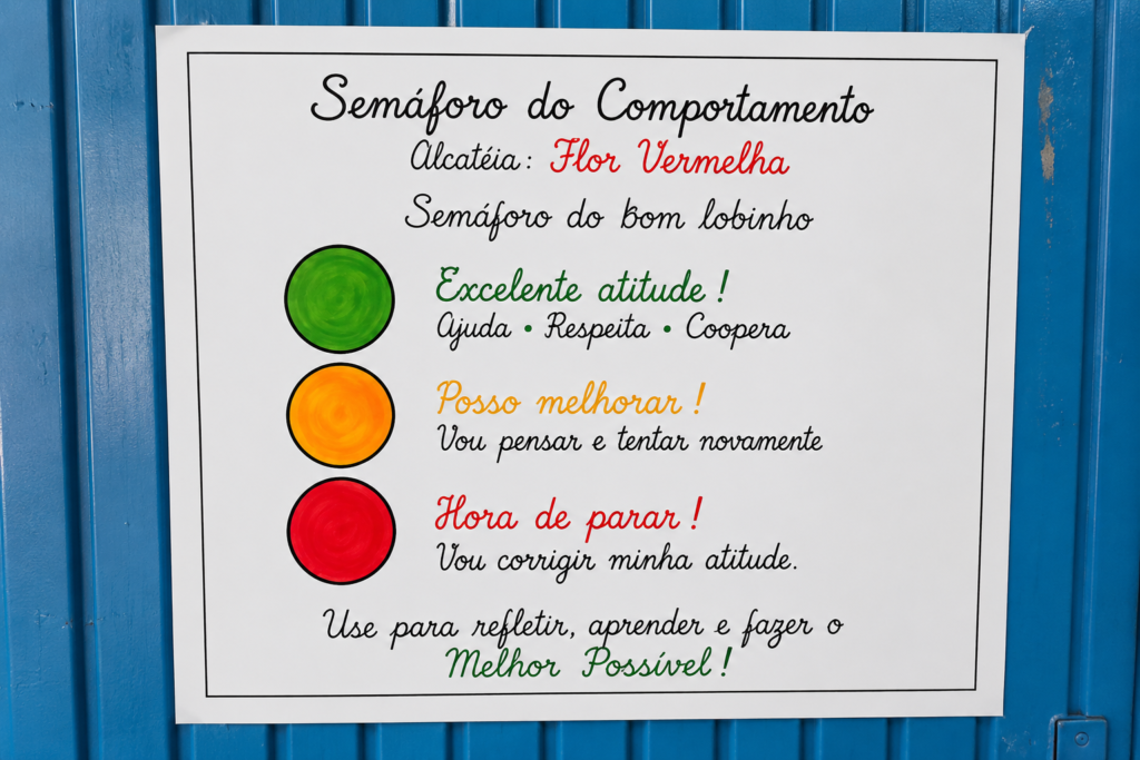 Cartaz da atividade Semáforo do Comportamento da Alcateia Flor Vermelha, com as cores verde, amarelo e vermelho representando atitudes e escolhas dos Lobinhos.