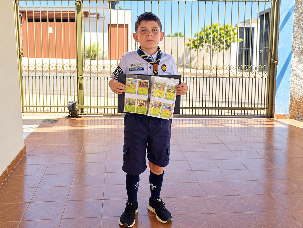 Escoteiro do Ar do Grupo Santo Antônio apresentando coleção de cartas Pokémon para conquista de especialidade escoteira em Anápolis, Goiás.